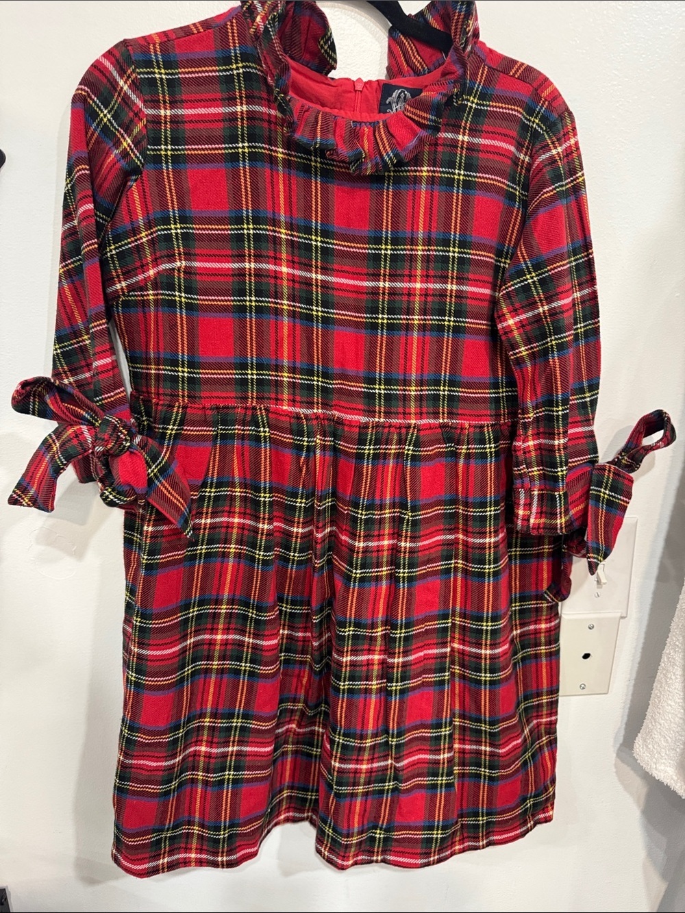 Red Plaid Ruffle Neck Holiday Dress with Sleeve Bows